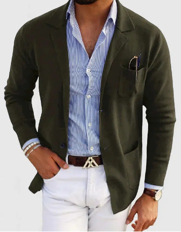 GR | Men's Cardigan with Casual Buttons, Pockets and Notched Collar, Solid Color, Long Sleeves