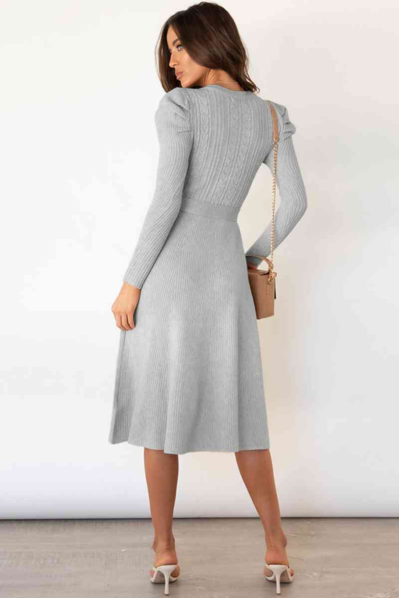 GR | Round Neck Long Sleeve Knot Waist Sweater Dress