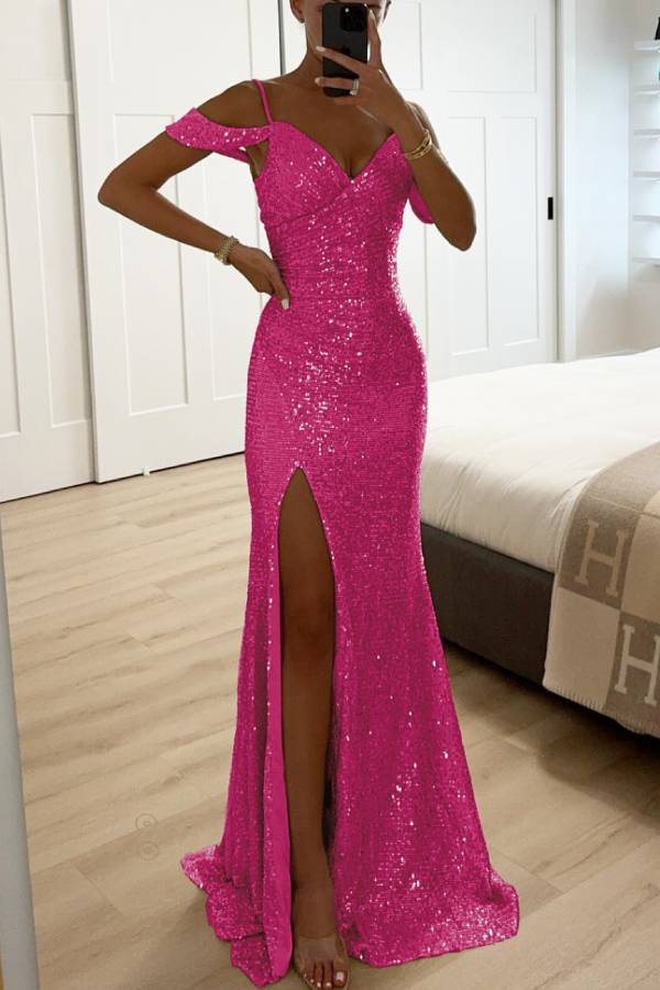 GR | Paillettenspitze Meerjungfrau Abschlussballkleider mit Schlitz Off-Shoulder Abendkleid