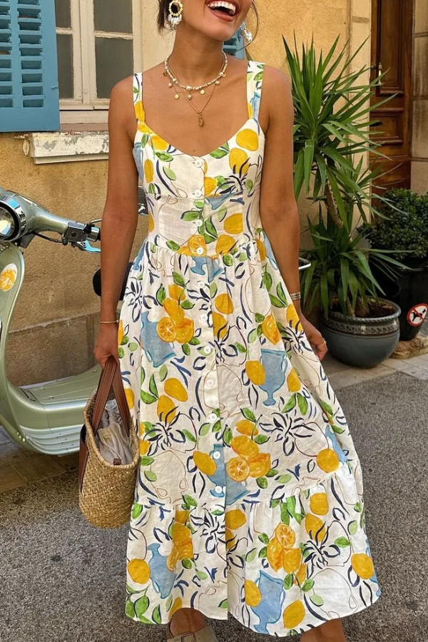 GR | Leinenmix Bedrucktes Midi-Kleid
