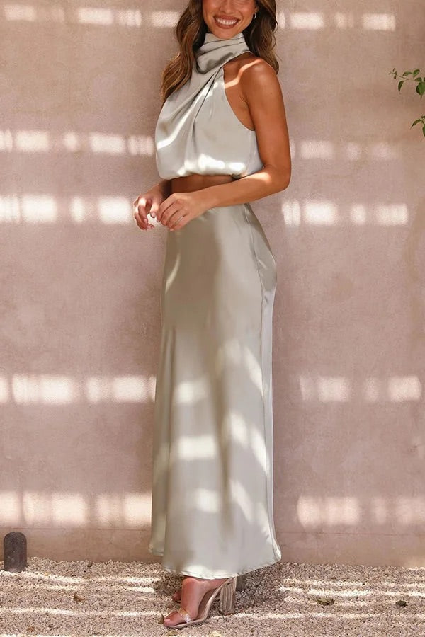 GR | Such a mood High-necked satin draped maxi skirt set 