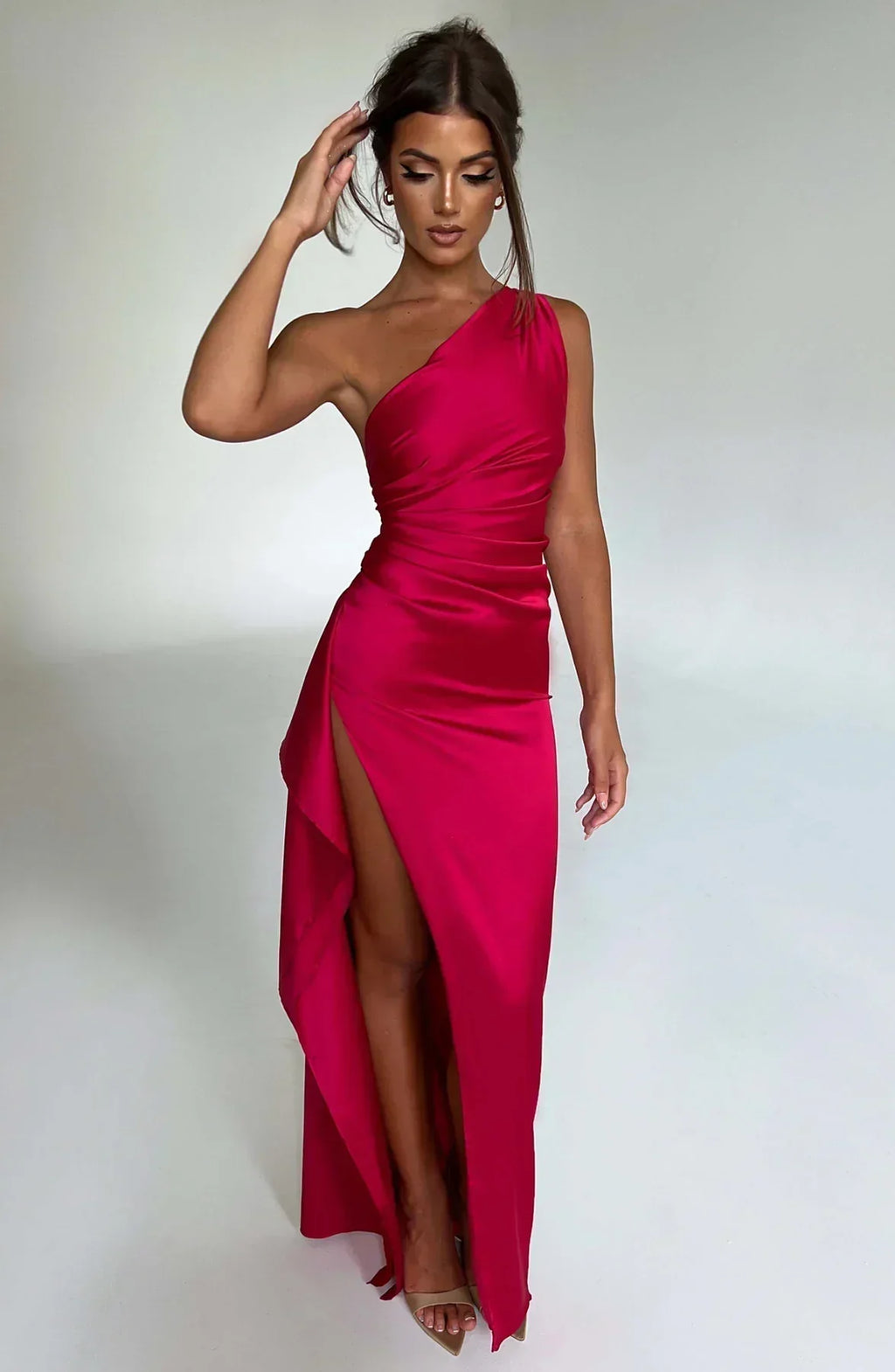 GR | Elegant One Shoulder Satin Split Dress