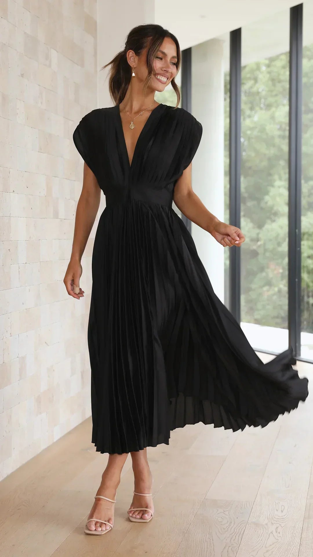 GR | Faltendes Plunge Midi Kleid