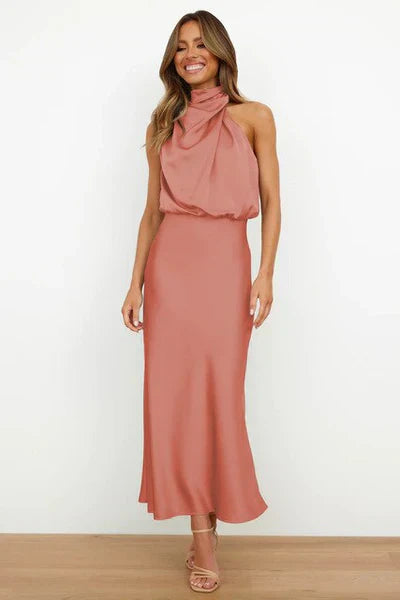 GR | Elegantes Halter Midi Kleid Für Damen Mit Hohem Hals Und Satinlook