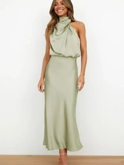 GR | Elegantes Halter Midi Kleid Für Damen Mit Hohem Hals Und Satinlook