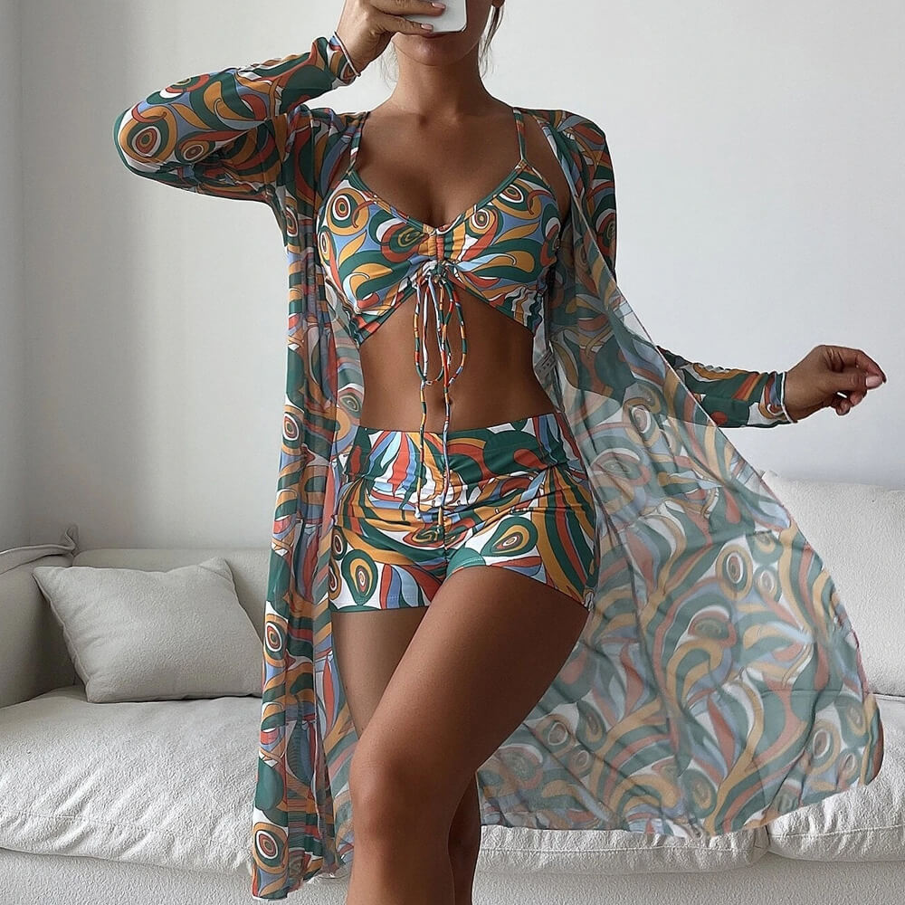 GR | Athletic Printed Boyshort Bralette Brazilian Three-Piece Bikini Swimsuit
