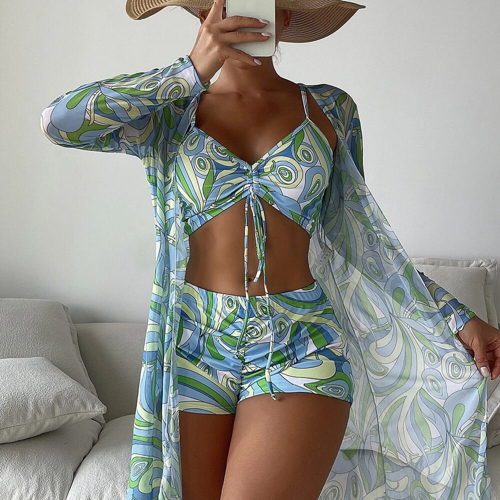 GR | Athletic Printed Boyshort Bralette Brazilian Three-Piece Bikini Swimsuit
