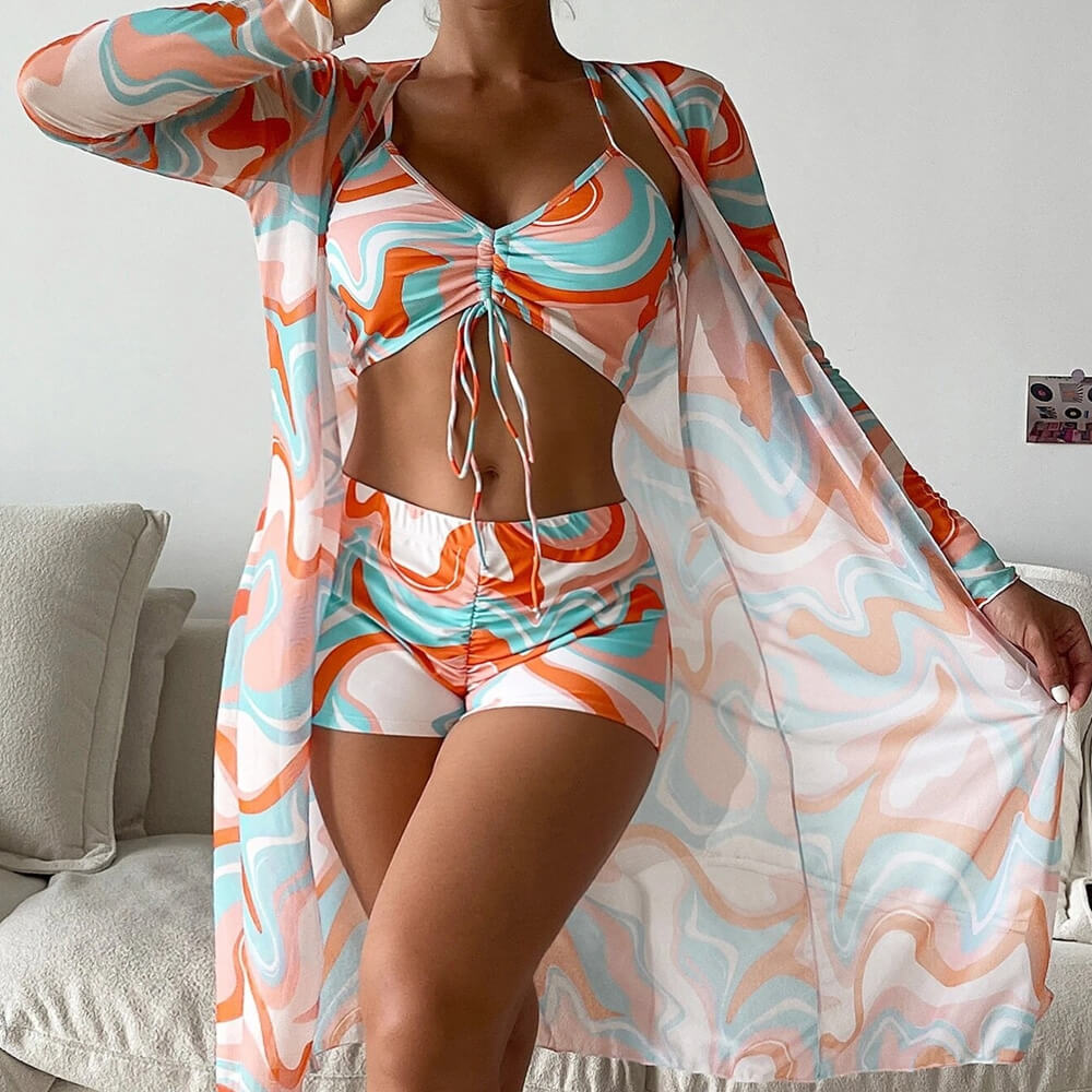 GR | Athletic Printed Boyshort Bralette Brazilian Three-Piece Bikini Swimsuit