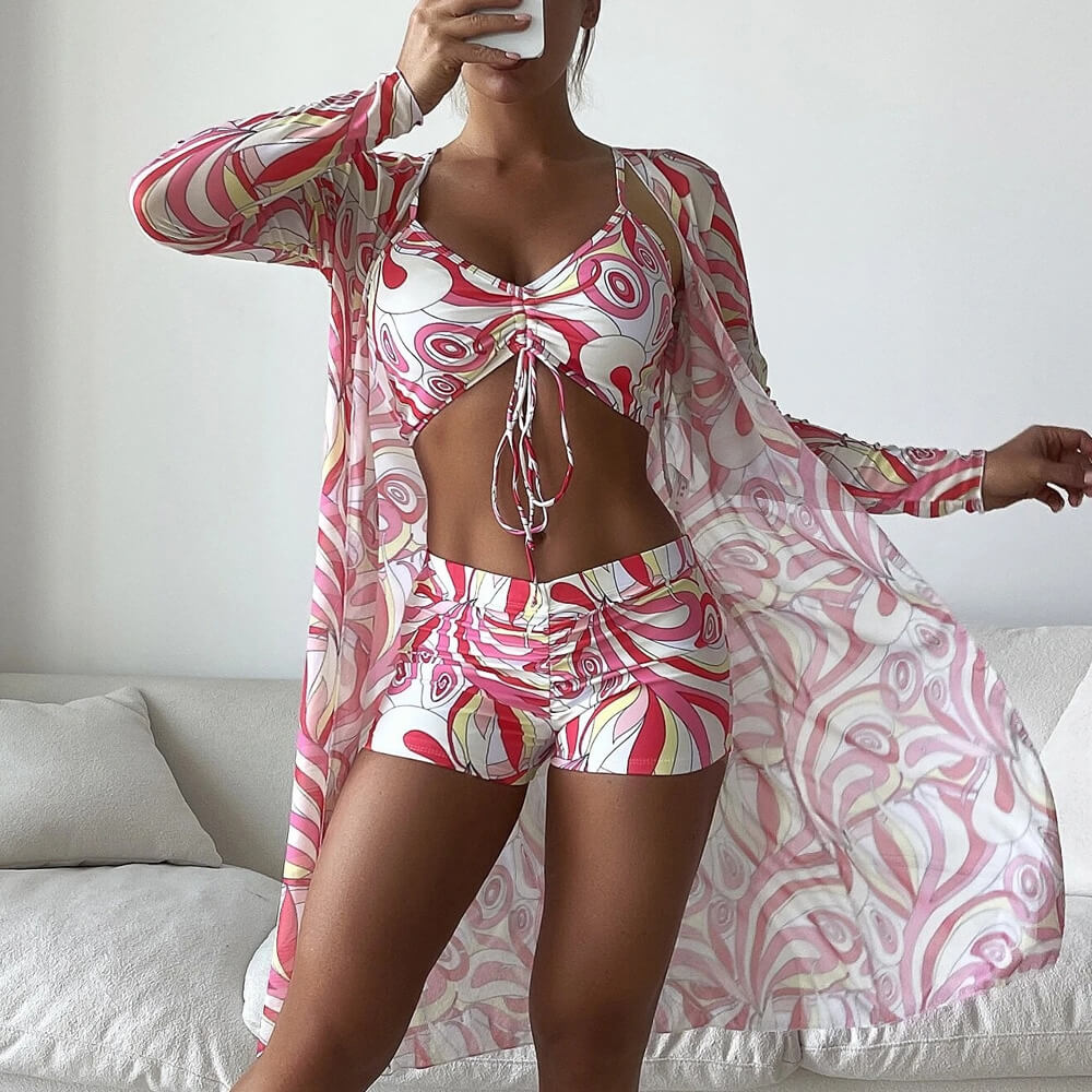 GR | Athletic Printed Boyshort Bralette Brazilian Three-Piece Bikini Swimsuit