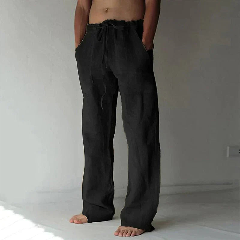 GR | Wide-leg trousers, breathable linen, relaxed fit, drawstring waistband, full length
