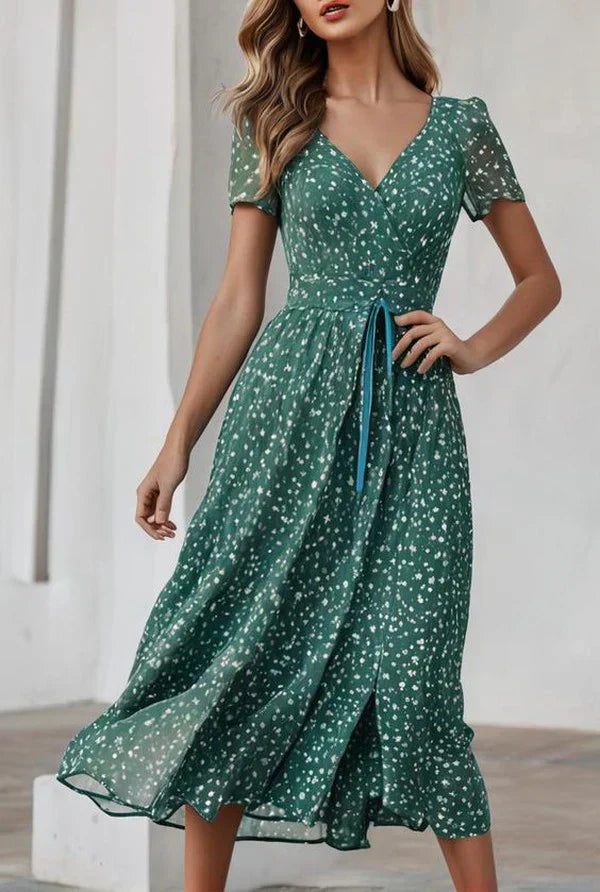 GR | Atemberaubendes Kurzarm Grünes V-Ausschnitt Midi-Kleid
