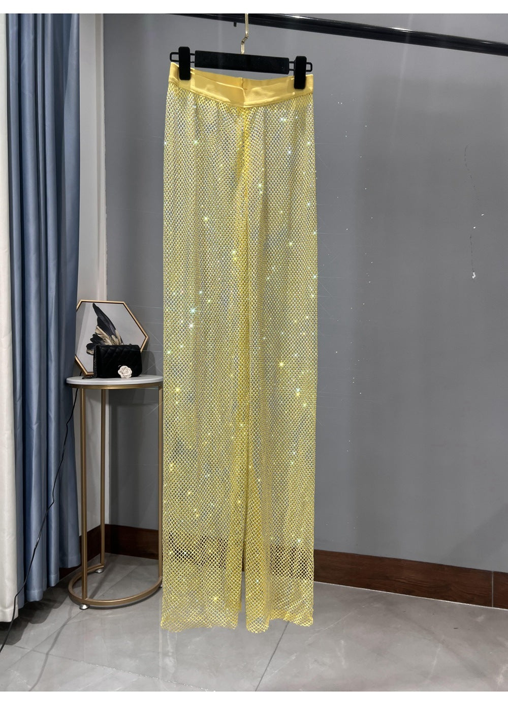 GR | Rhinestone Straight Mesh Wide Leg Slim Fit Flattering Mop Pants