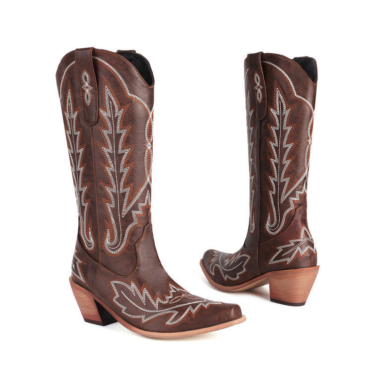 GR | Embroidered Long Knee-High Boots Pointed Toe Chunky Heel High Heel