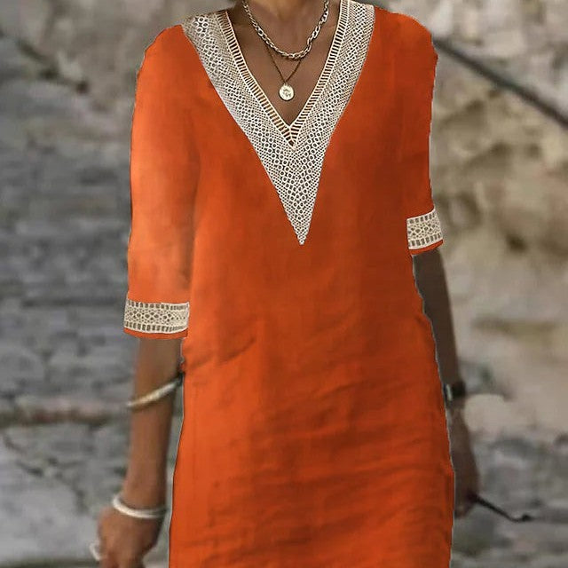 GR | Simple cotton linen dress with V-neck and half sleeves