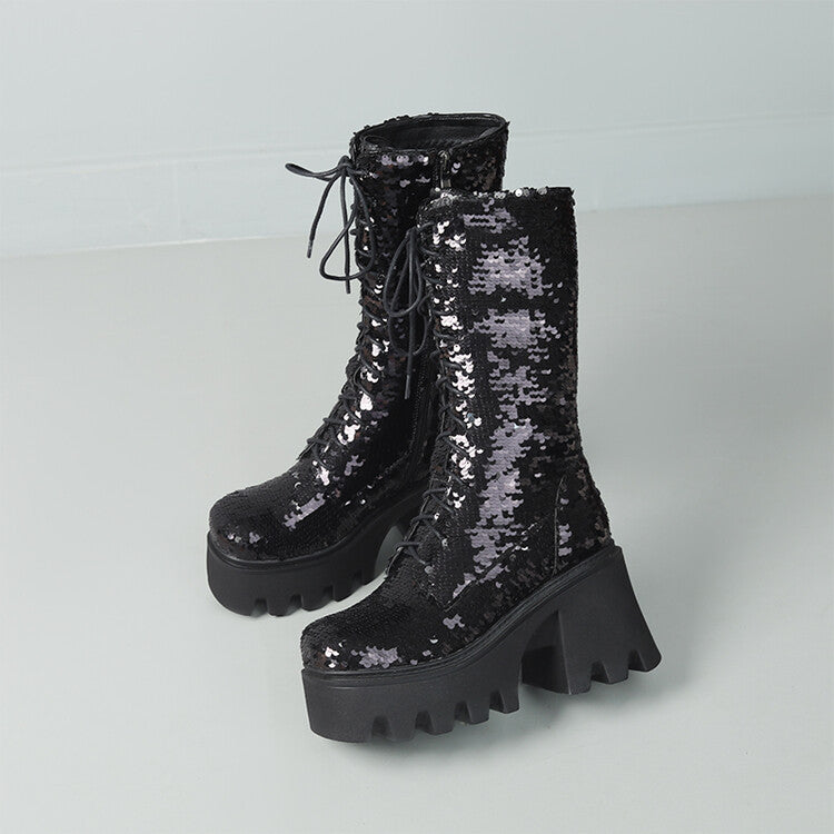 GR | Sequin Mid-Length Martin Boots Round Toe Front
