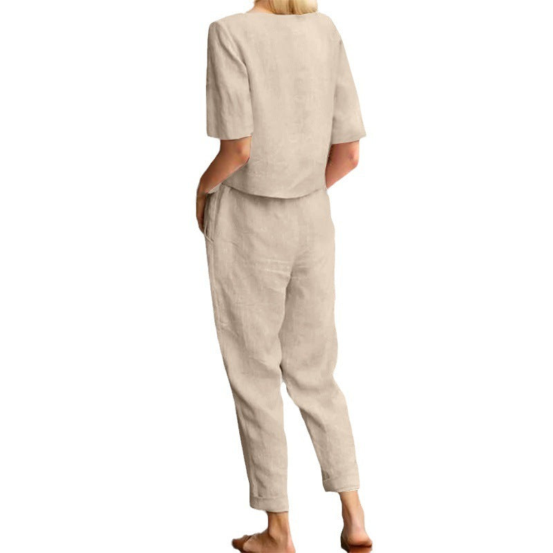 GR | Wide-leg women's trouser suit set made of cotton and linen