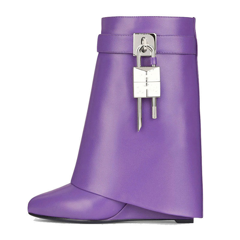 GR | Women's Fashion Slanted Heel Round Toe Leather Upper High Heel Zipper Short Boots