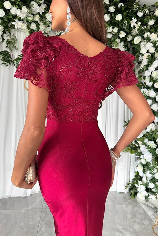 GR | Traumhafte Luxus Spitze und Satin Patchwork Rüschenausgestellte Midi Kleid