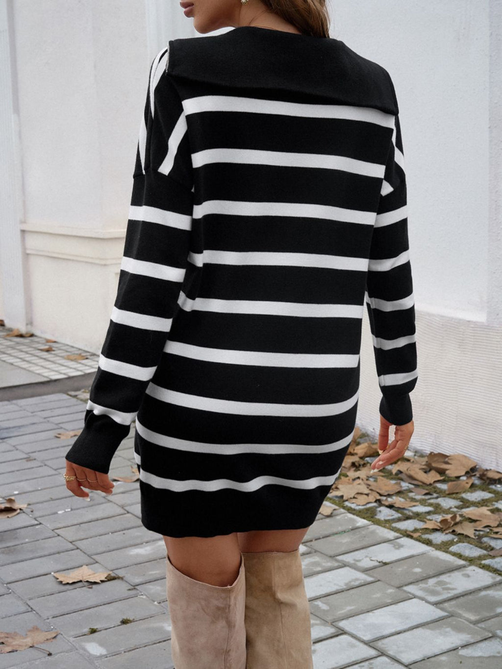 GR | Chic Autumn Striped Quarter Zip Pullover Dress for Women