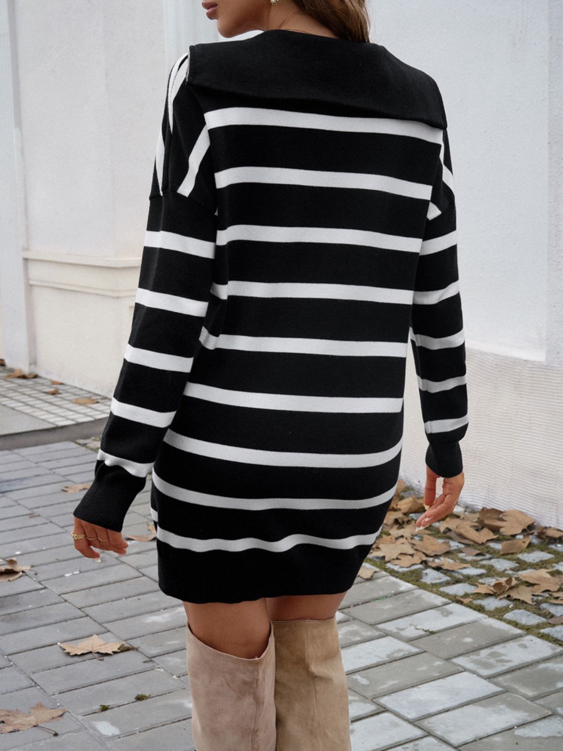 GR | Chic Autumn Striped Quarter Zip Pullover Dress for Women
