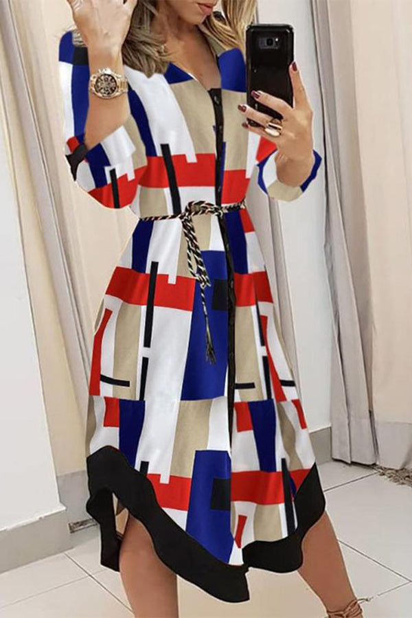 GR | Finde Dich Gut Bedrucktes Gürtel Hemd Midi Kleid