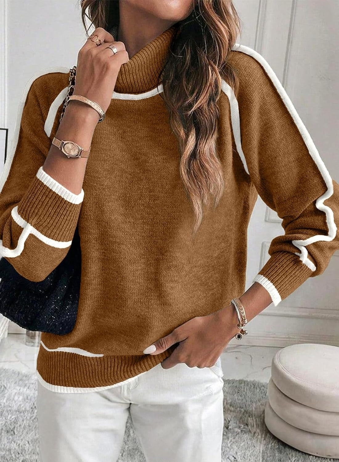 GR | Damen Rollkragenpullover mit kontrastierenden Nähten - lässiger Oversized-Pullover