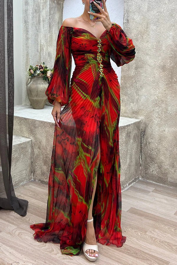 GR | Sunset Serenade Printed Off-Shoulder Maxi Dress with Diamond Embellishments and Pleated Skirts with Slits