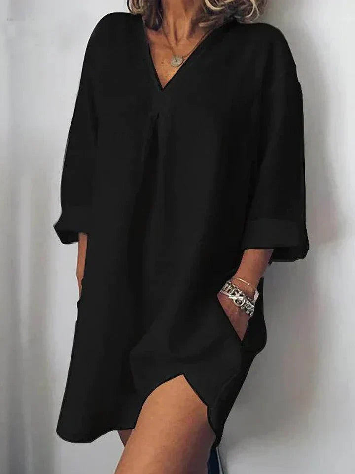GR | Linen dress with V-neck and half sleeves