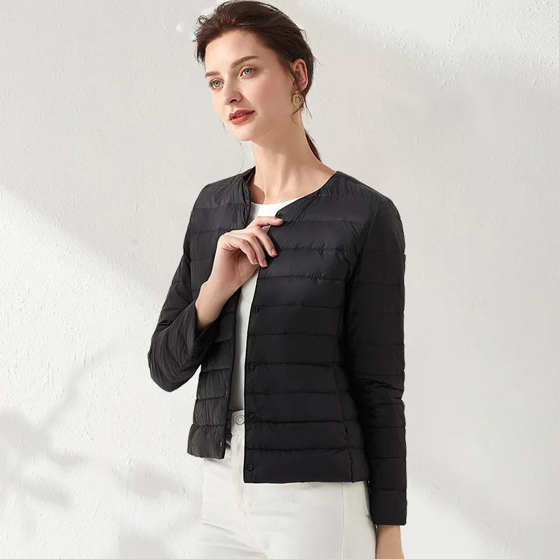 GR | Lightweight, collarless, slimming down jacket for women