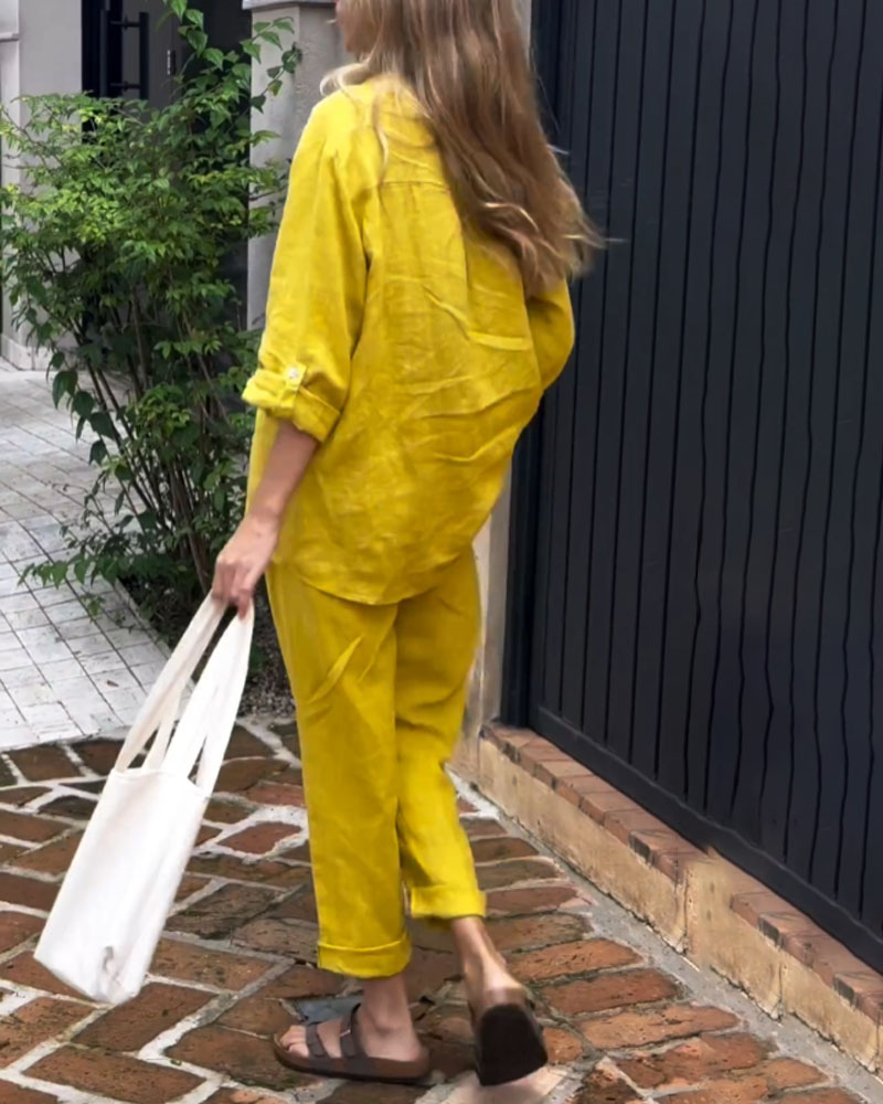 V-neck shirt and cotton trousers