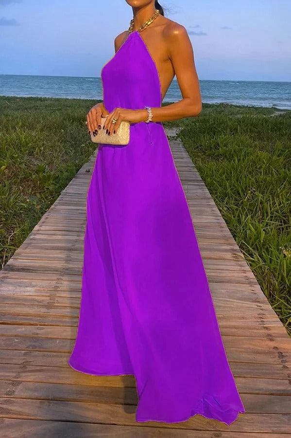 GR | Sunny In Santorini Chain Halter Backless A-Line Holiday Maxi Dress