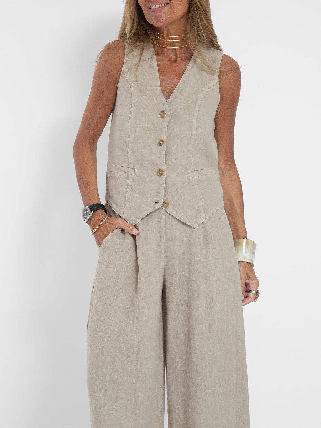 GR | Button-down vest and wide-leg trousers set