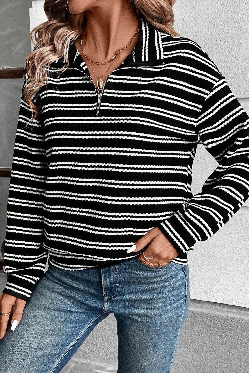 GR | Striped Top with Quarter Zip for Women 