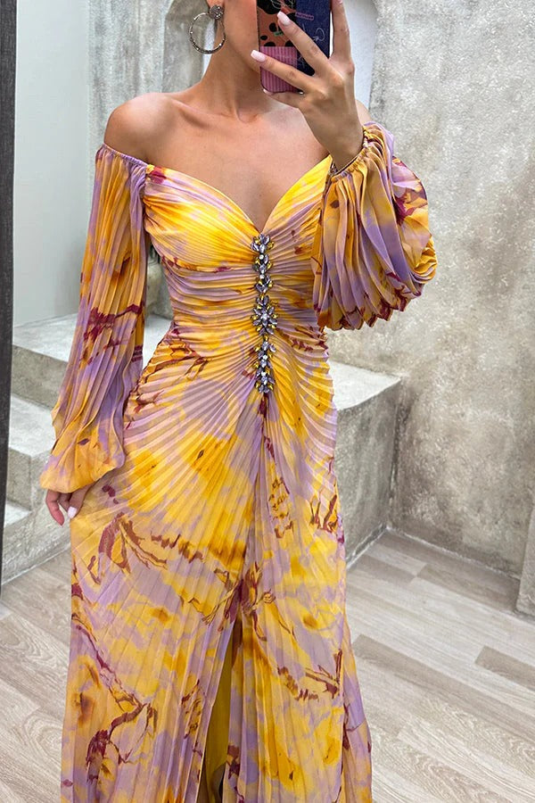 GR | Sunset Serenade Printed Off-Shoulder Maxi Dress with Diamond Embellishments and Pleated Skirts with Slits