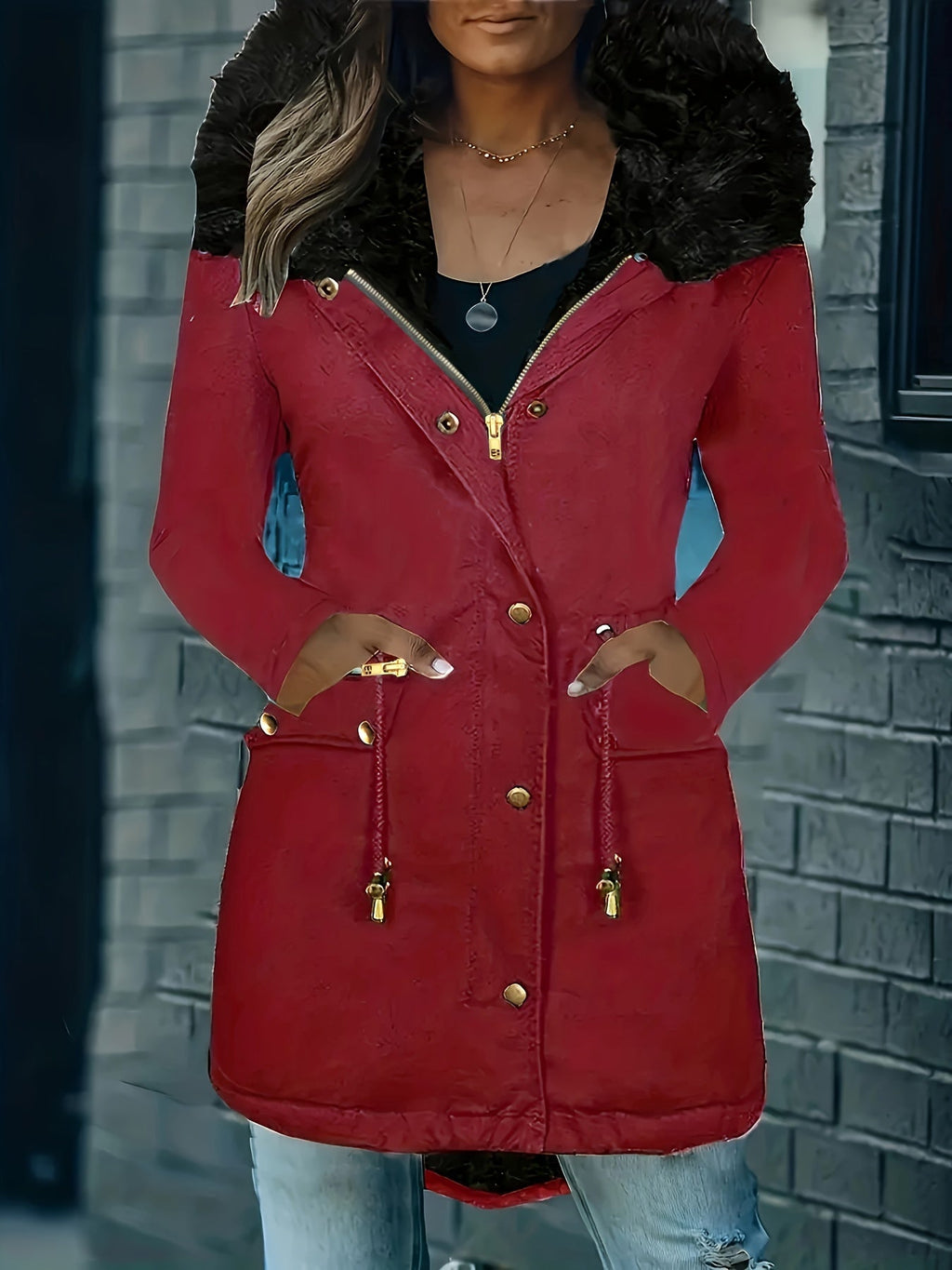 GR | Zip-up parka coat with buttons and hood, women's winter jacket