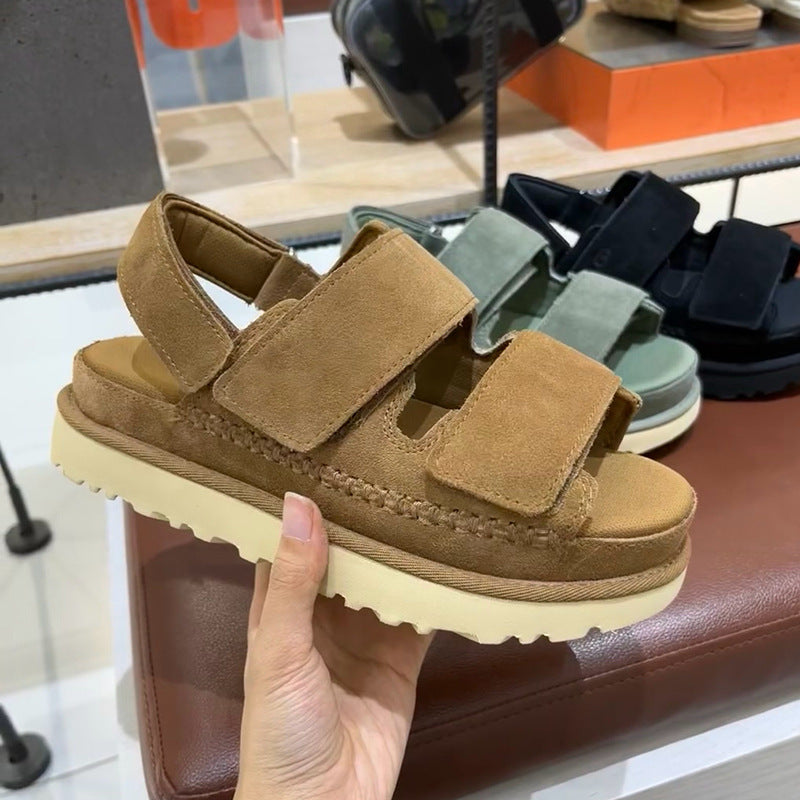 GR | Spring and Summer New Genuine Leather Thick Sole Strappy Velcro Sandals Women's Open Toe Height Increase