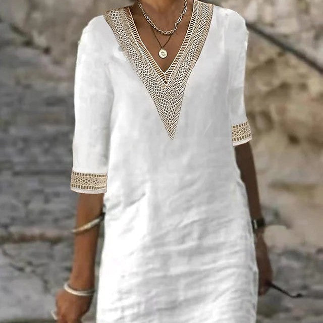 GR | Simple cotton linen dress with V-neck and half sleeves