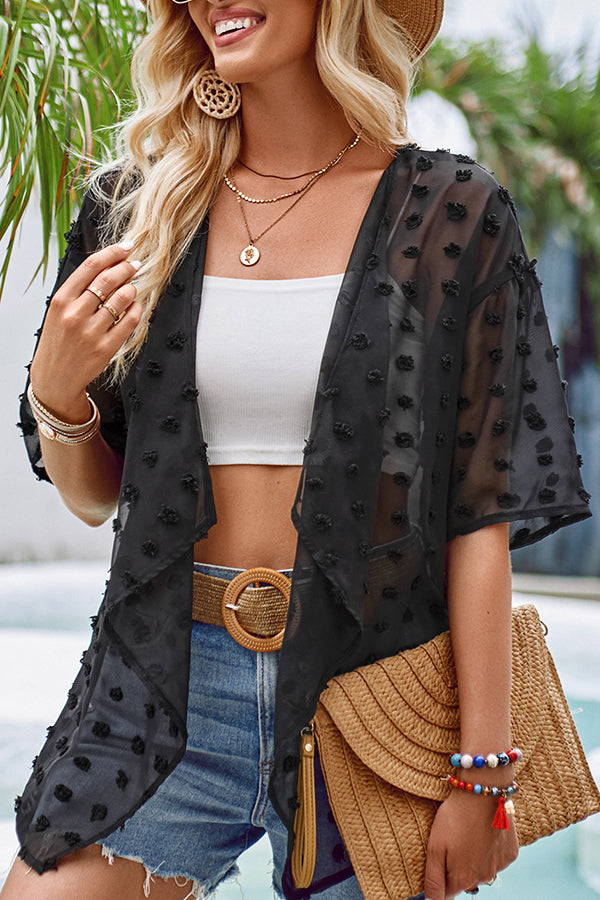 GR sheer throw with patchwork pom-pom sleeves