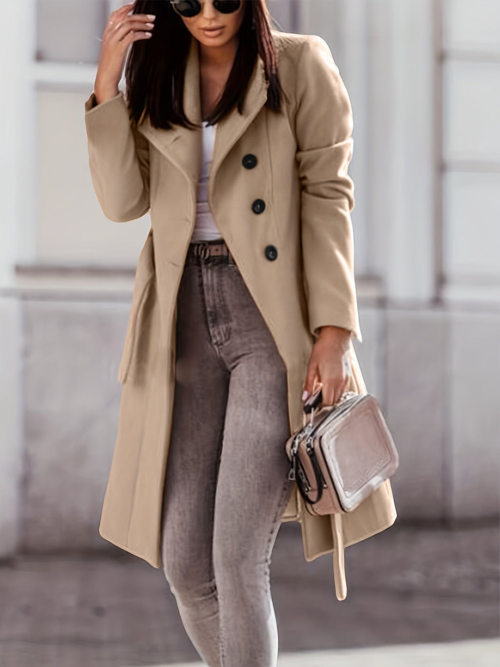 GR | Women's Double-Button Wool Blend Trench Coat, Slim Fit, Knee Length