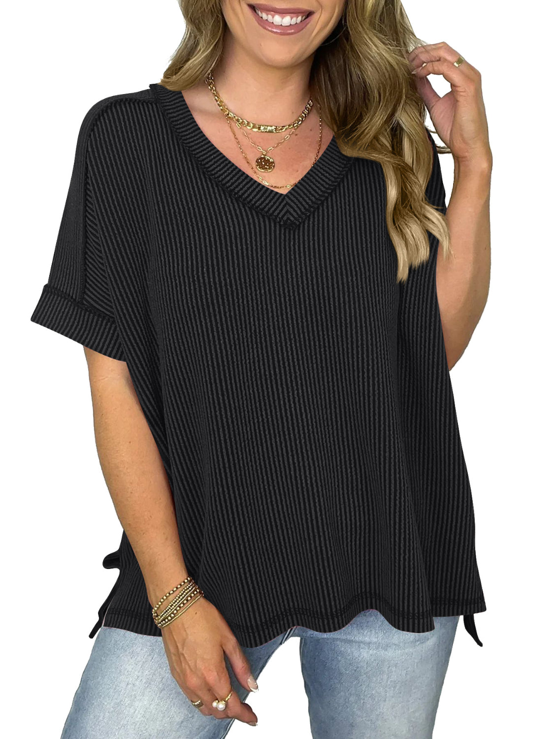 GR | Cord-Ripp V-Ausschnitt Kurzarm T-Shirt