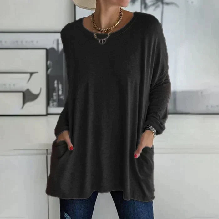GR | Fashionable tunic top with pockets - Relaxed fit, round neck, long sleeves