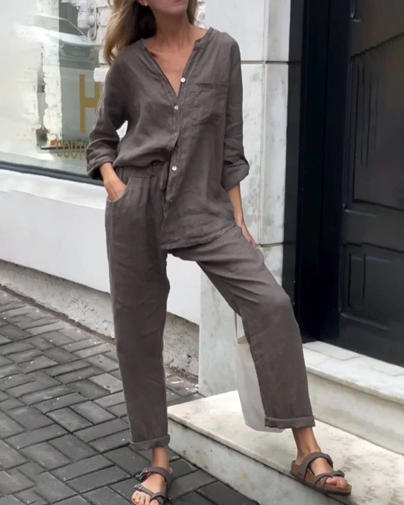GR | Casual V-neck shirt & trousers cotton-linen set 
