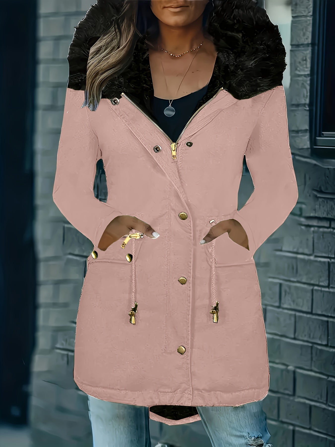 GR | Zip-up parka coat with buttons and hood, women's winter jacket