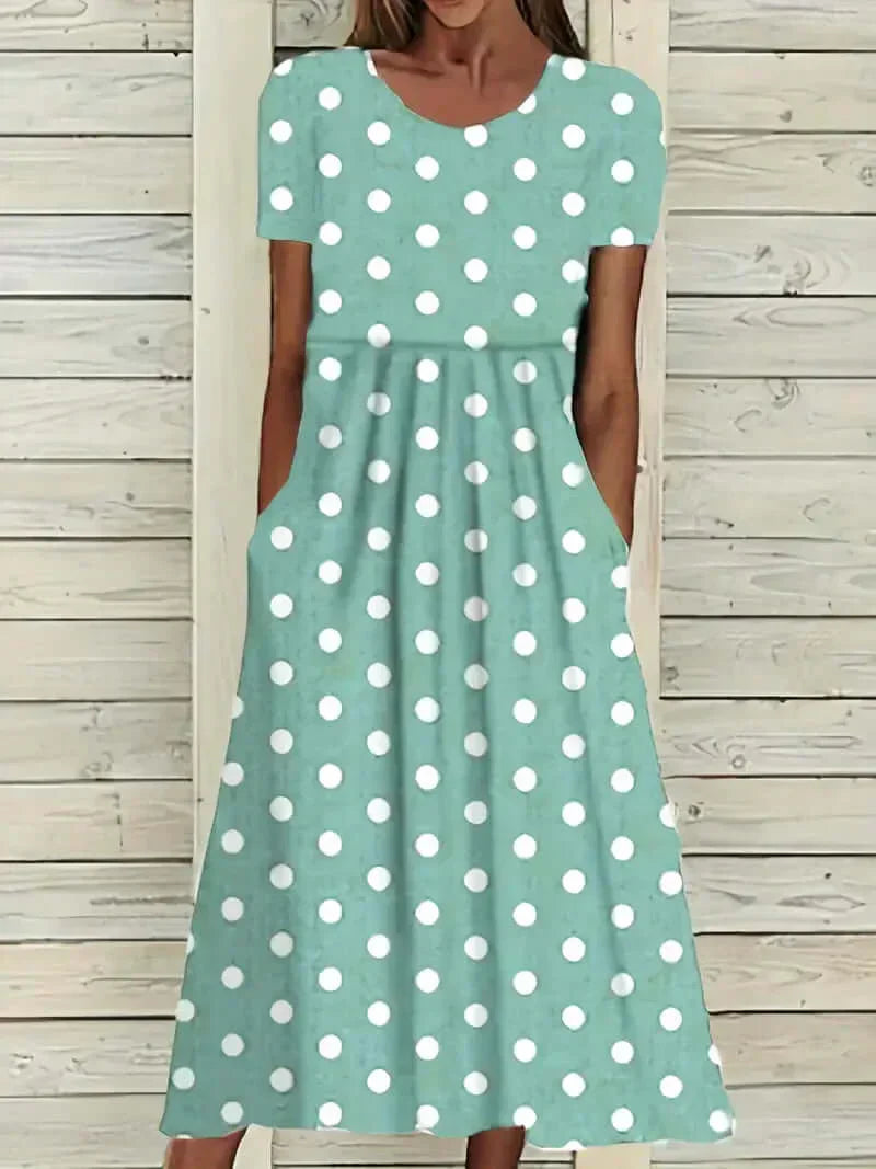 GR | Airy, short-sleeved, polka-dotted dress with a round neckline