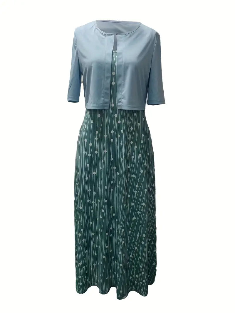 GR | Elegante Zweiteilige Blumenkleid-Set mit Einfarbigem Crop-Top und Rundhalskleid