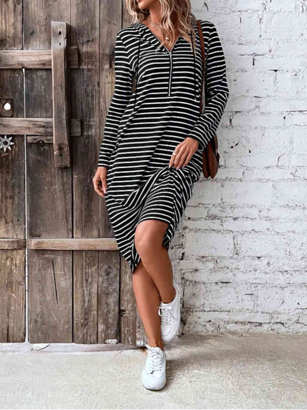 GR | Striped Zip-Front Hooded Dress