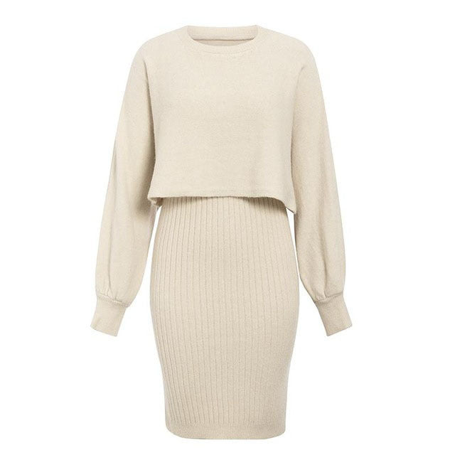 GR | teilige gestrickte Set - elegantes gestricktes ärmelloses Kleid mit Pullover für Herbst und Winter