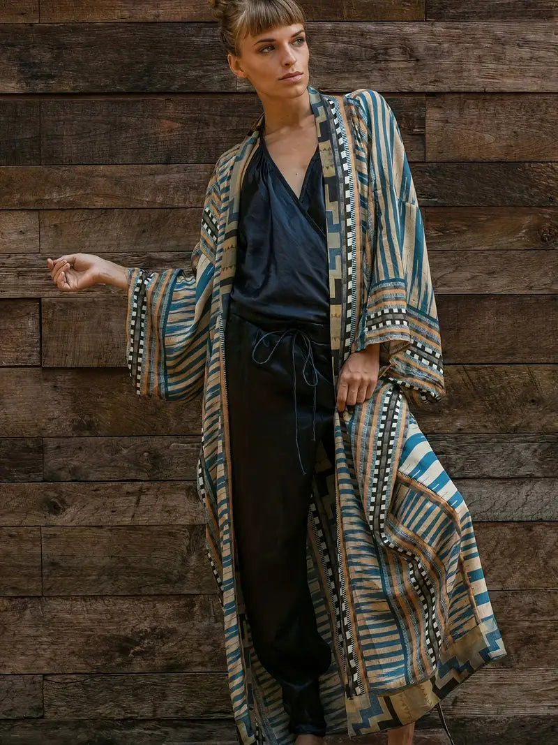 GR | Boho Plus Size Kimono with Tie Belt Maxi Tunic