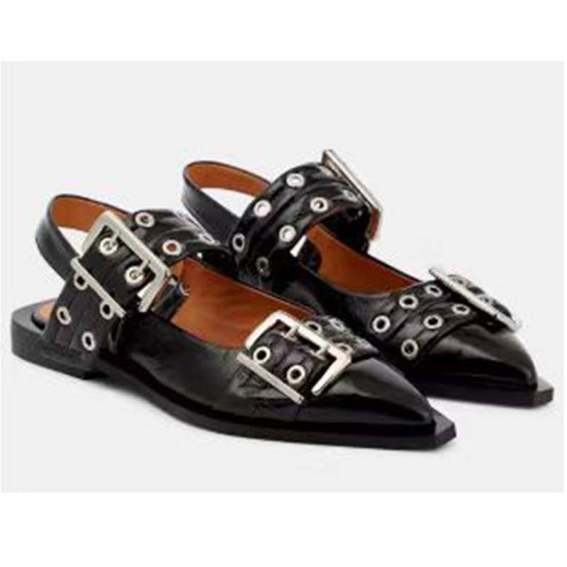 GR | Pointed toe belt buckle mules leather flat sandals