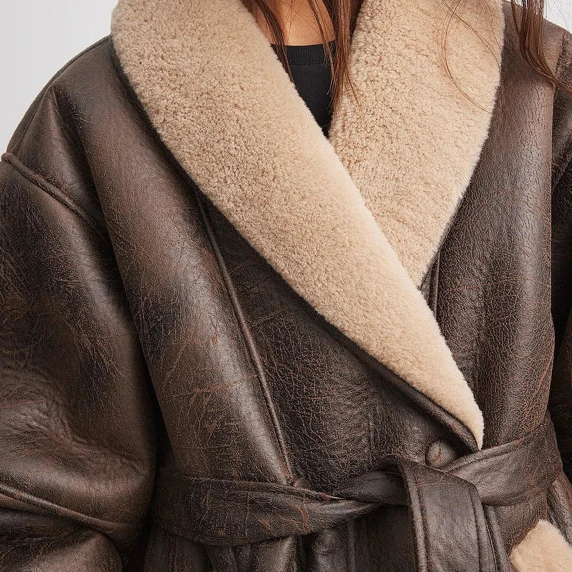 GR | Sherpa-lined faux leather jacket with belt